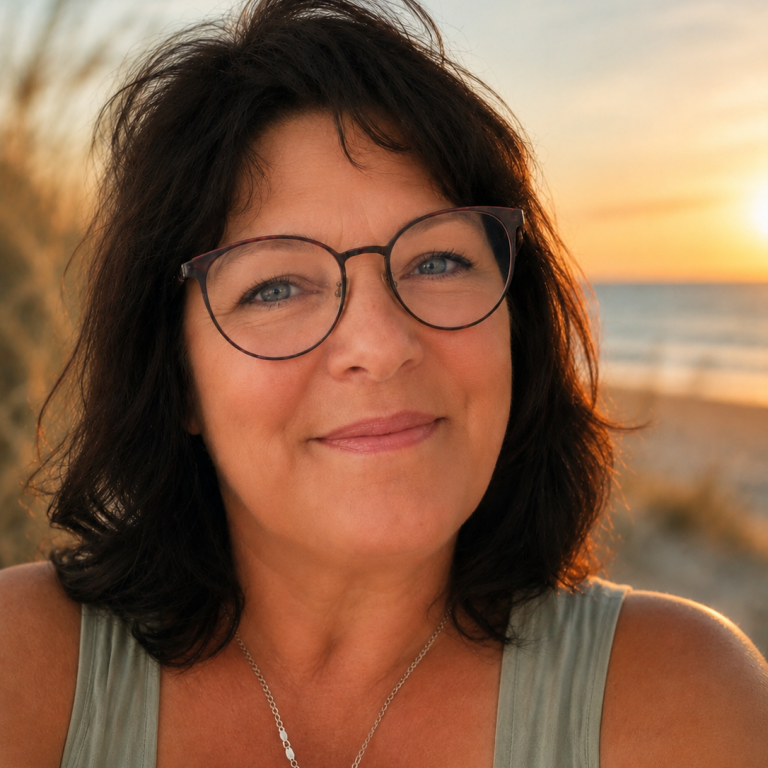 Frau mit Brille lächelt in einem hellen Raum, im Hintergrund ein Strandbild.